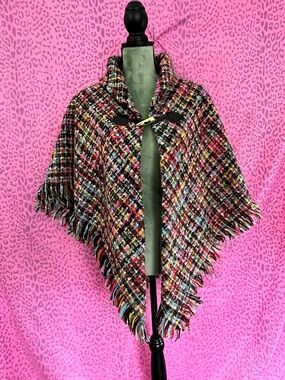 Multicolor Tweed Fringe-Edge Poncho